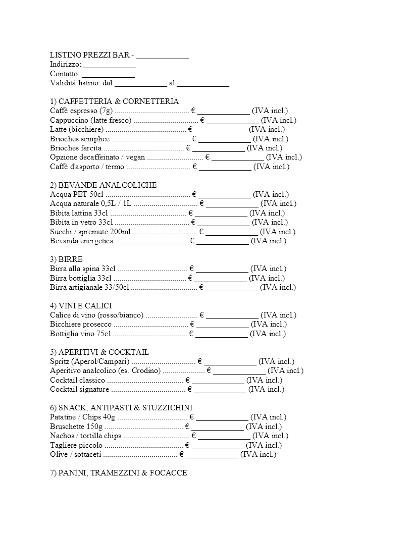 Listino prezzi bar