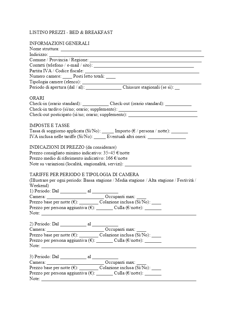 Listino prezzi bed and breakfast​