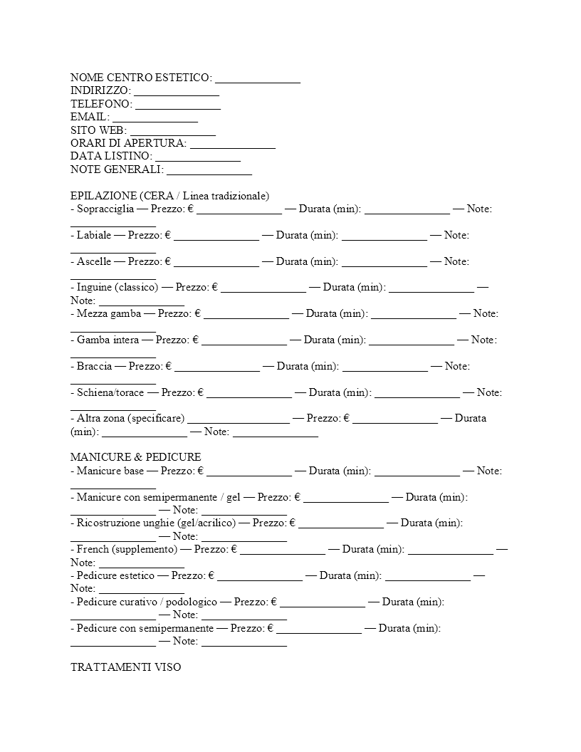 Listino prezzi centro estetico​
