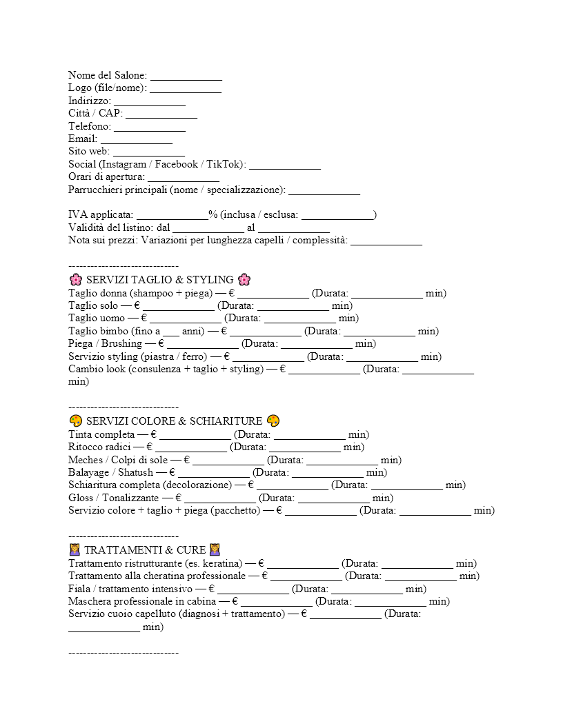 Listino prezzi parrucchiera Listino prezzi parrucchiera