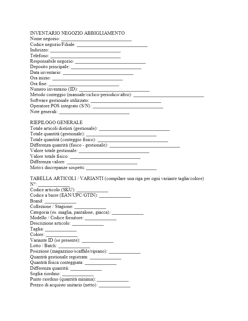 Inventario negozio abbigliamento​