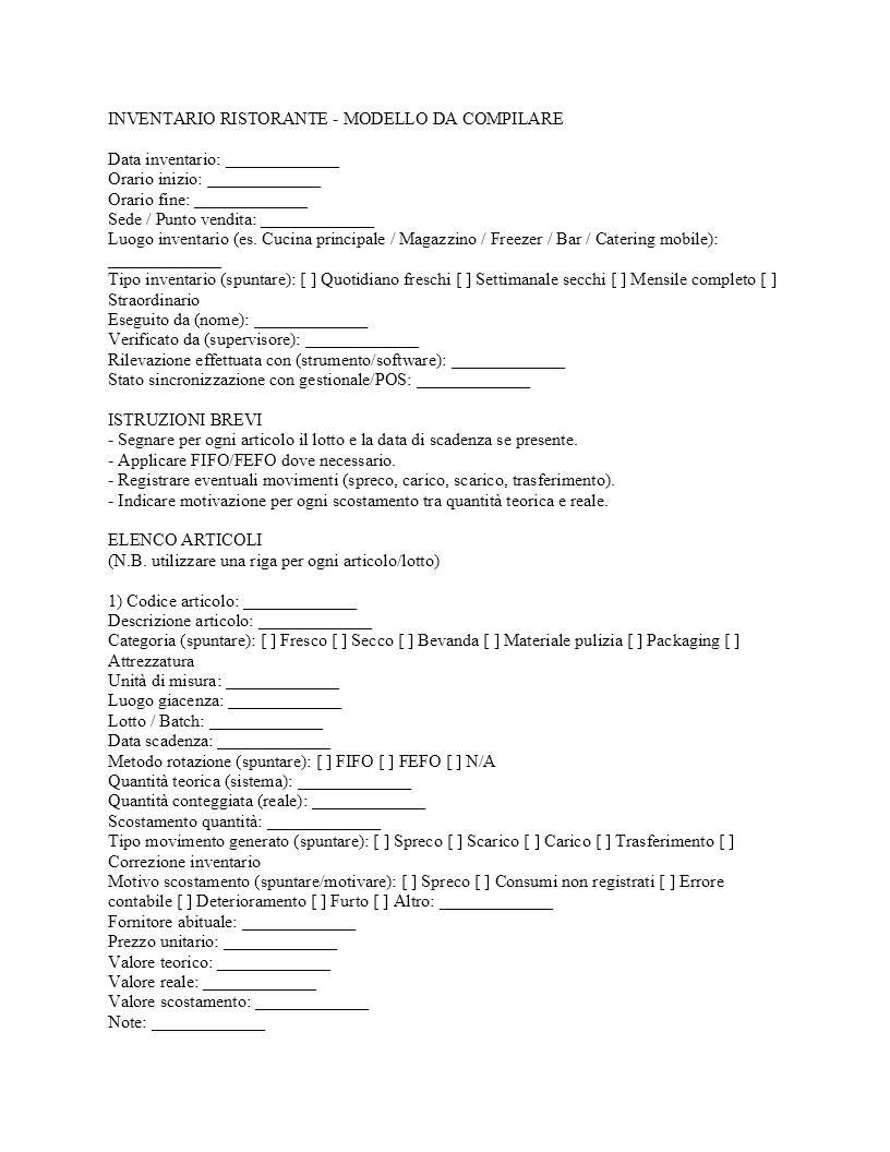 Inventario ristorante