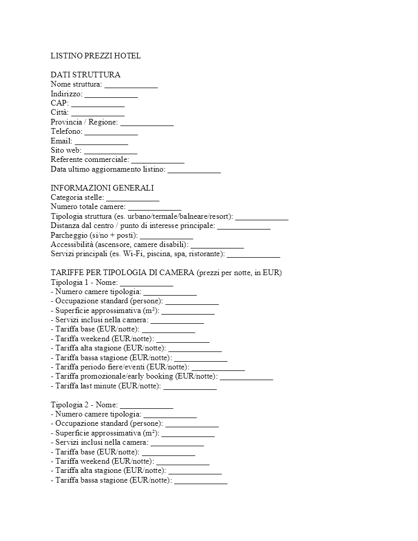 Listino prezzi hotel​