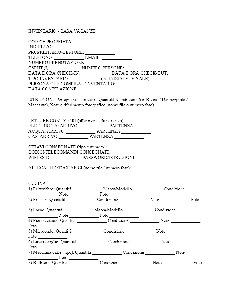 Inventario casa vacanze Inventario casa vacanze