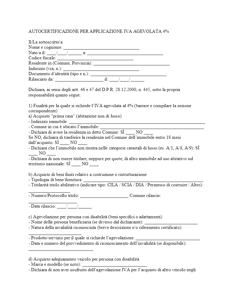 Autocertificazione IVA agevolata 4%