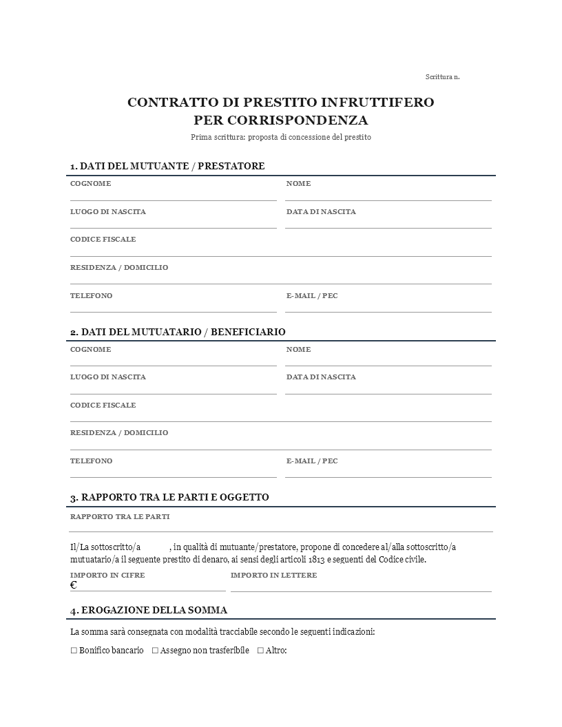 Contratto di prestito infruttifero per corrispondenza Contratto di prestito infruttifero per corrispondenza