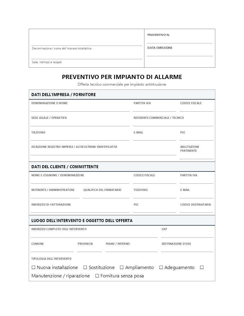 Preventivo impianto allarme